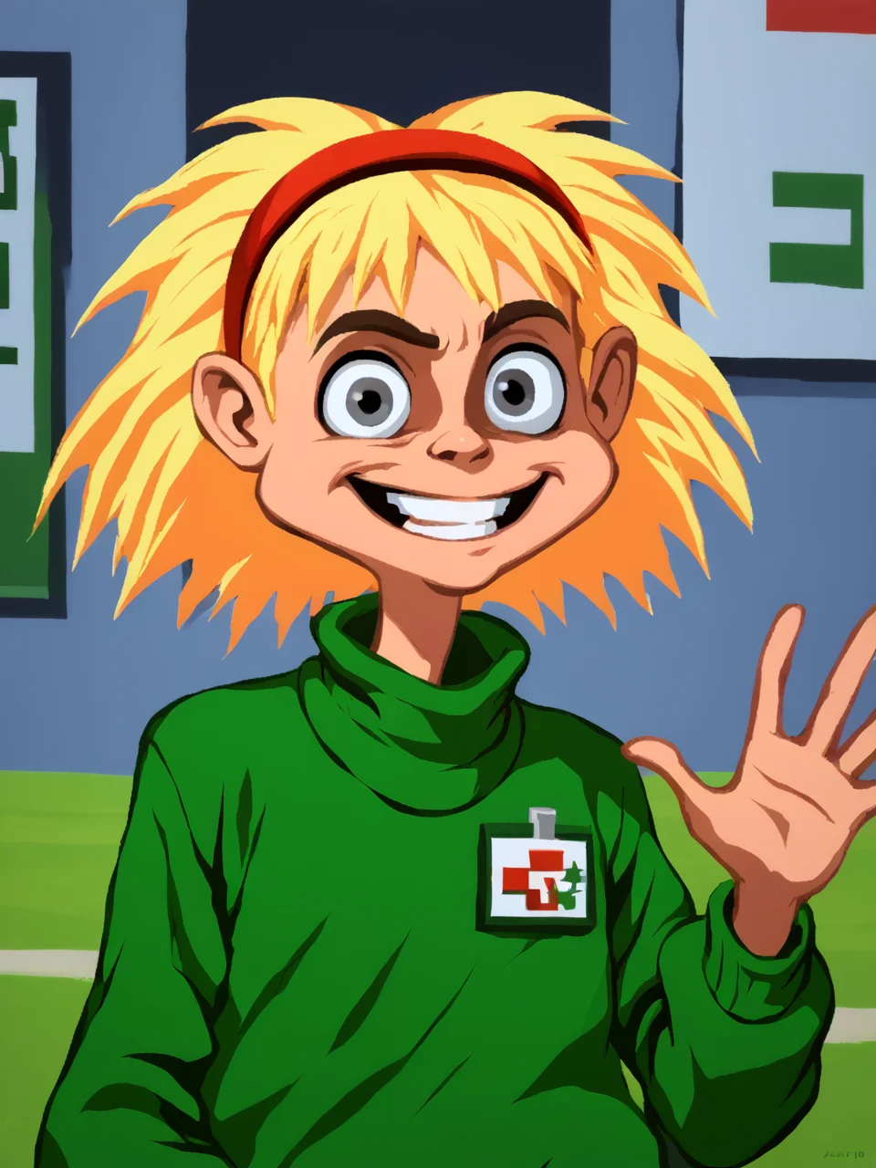 score_9, score_8_up, score_7_up,  score_6_up, BREAK, TentLaverne, 1girl, solo, blonde hair, grey eyes, hairband, green sweater, badge, smile, upper body, raise left hand, waving, looking at viewer,  <lora:Laverne:1>