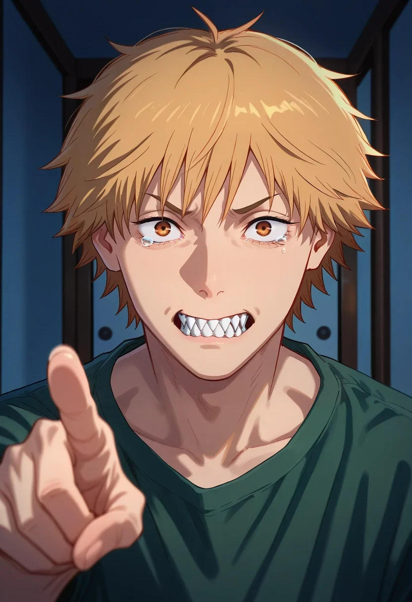 masterpiece, best quality, , (realistic:0.6), looking at viewer, 1boy, solo, male focus, <lora:denji_chainsaw_man_ilxl:0.96>, denji_chainsaw_man, blonde hair, brown eyes, short hair, bangs, sharp teeth, straight-on, fuji mountain, indoors, dark, pointing, tearing up,