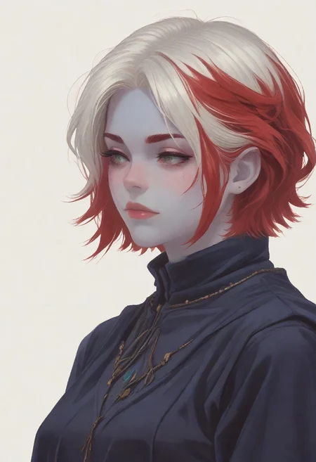 score_8_up, score_7_up, score_6_up, dnd <lora:dnd_flat:0.95> 1girl tiefling, portrait, short horns, blue skin <lora:Crude:0.6> (wizard clothes:1.2) , jewelry, short BOB hair, WHITE hair, close up, side view, RED HAIR
WHITE BACKGROUND