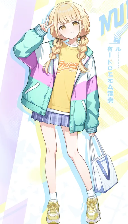 {fujita kotone \(default\)},1girl, solo, bag, skirt, holding bag, blonde hair, jacket, single peace sign, v, closed mouth, smile,skin fang, body tilt, plaid skirt, long hair, braid, pose, socks, shoes, sneakers, full body, standing, hairclip, hair ornament, white socks, open jacket, multicolored clothes, shirt, twin braids, open clothes, long sleeves, {drop shadow}, yellow eyes, head tilt, {magazine cover}, sleeves past wrists, blue jacket, facing viewer, white bag, multicolored jacket, yellow shirt, {clothes writing}, nail polish, very awa,masterpiece,best quality,highres,newest <lora:kotonev3:1>