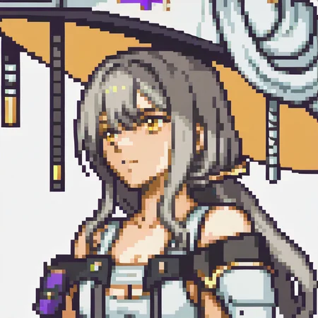 score_9, score_8_up, score_7_up, source_anime BREAK 1girl, solo, <lora:zs_FEGBAPortraitsXL:1> fegbaportraits, portrait, white background, simple background, <lora:scarlet-nikke-richy-v1_pdxl:0.8> scrltdef, yellow eyes, long hair, grey hair, hair ornament, hat, hat ornament, chest strap, white leotard, cleavage, bare shoulders, single shoulder pad
