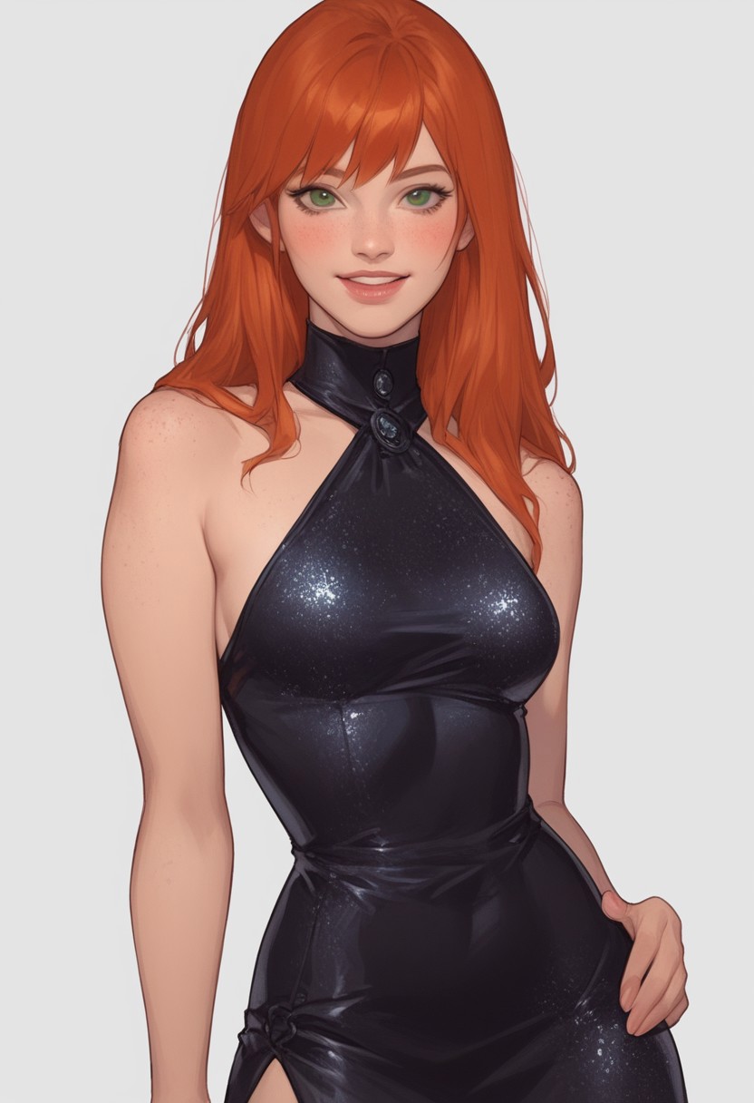 masterpiece,best quality, highly detailed, score_9, score_8_up, score_7_up, score_6_up, , source_cartoon, BREAK, , 1girl, , Mary Jane, Marvel, green eyes, orange hair, freckles, 1girl, , blush, , , looking at viewer, short dress, mini black dress, glitter on black dress, sparkling dress, bare shoulders, From front, one hand on hip, smile, looking at viewer, full figure, simple background, smile, good hands,