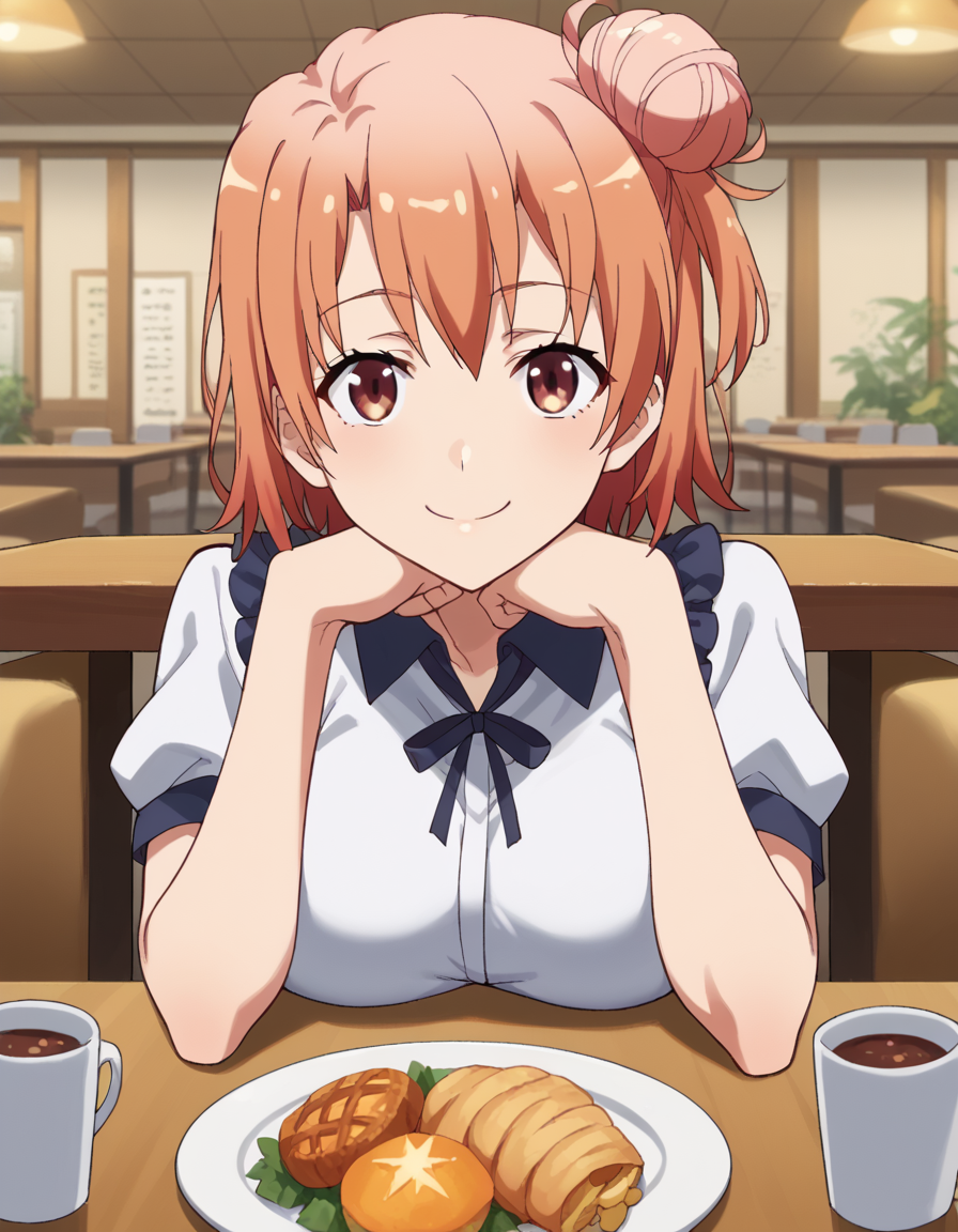score_9, score_8_up, score_7_up, source_anime, <lora:yui-yuigahama-s2s3-ponyxl-lora-nochekaiser:1>, yui yuigahama, short hair, brown eyes, orange hair, hair bun, single hair bun, large breasts,, <lora:pov-across-table-ponyxl-lora-nochekaiser:1> pov across table, pov dating, restaurant, table, meal, care, cup, head rest, smile, elbow on table, food, elbow rest, ,