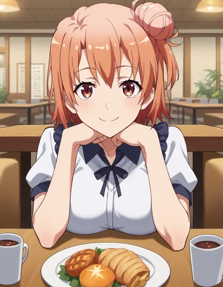 score_9, score_8_up, score_7_up, source_anime, <lora:yui-yuigahama-s2s3-ponyxl-lora-nochekaiser:1>, yui yuigahama, short hair, brown eyes, orange hair, hair bun, single hair bun, large breasts,, <lora:pov-across-table-ponyxl-lora-nochekaiser:1> pov across table, pov dating, restaurant, table, meal, care, cup, head rest, smile, elbow on table, food, elbow rest, ,