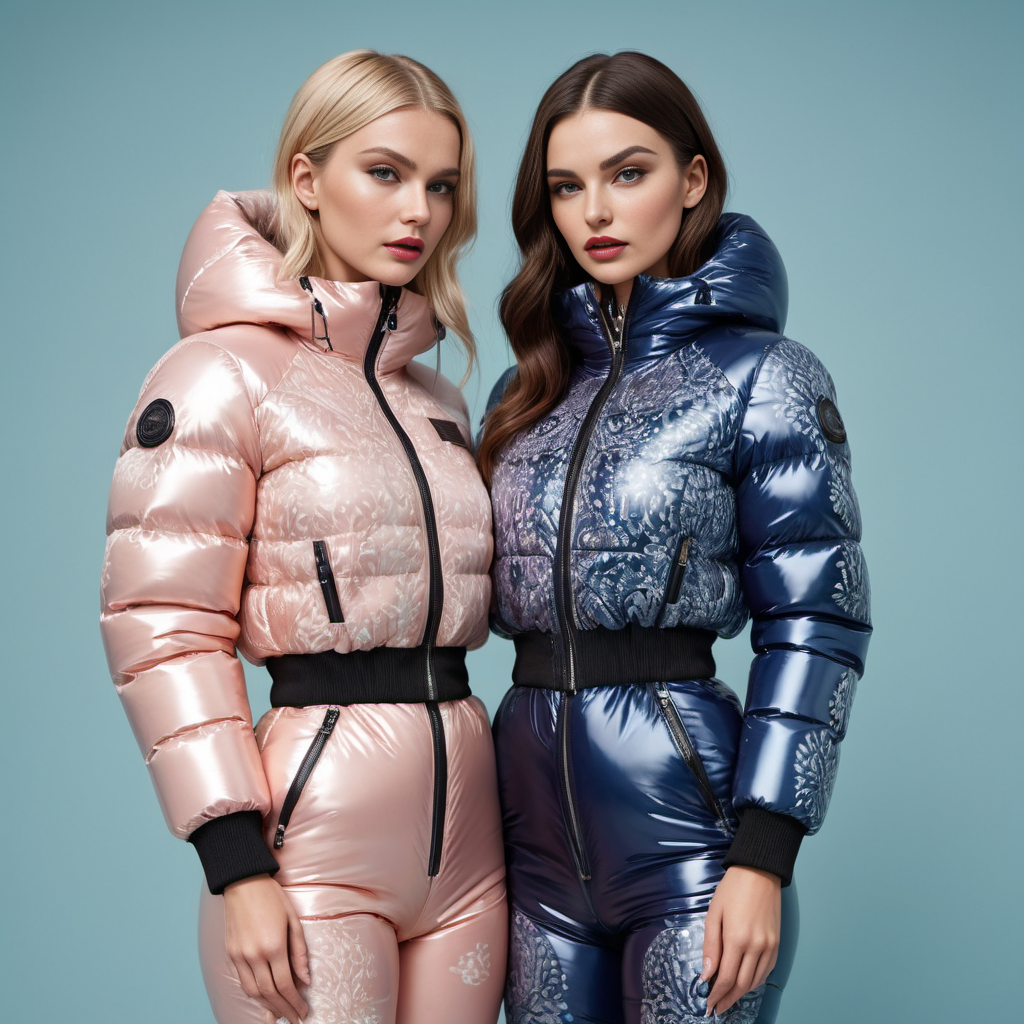 two nordic short women wearing aArt deco prints   latex downsuit puffer_downsuit , hyperdetailed photography,4k textures,intricate details,4k resolution,  <lora:puffer_downsuit_v1:0.5>