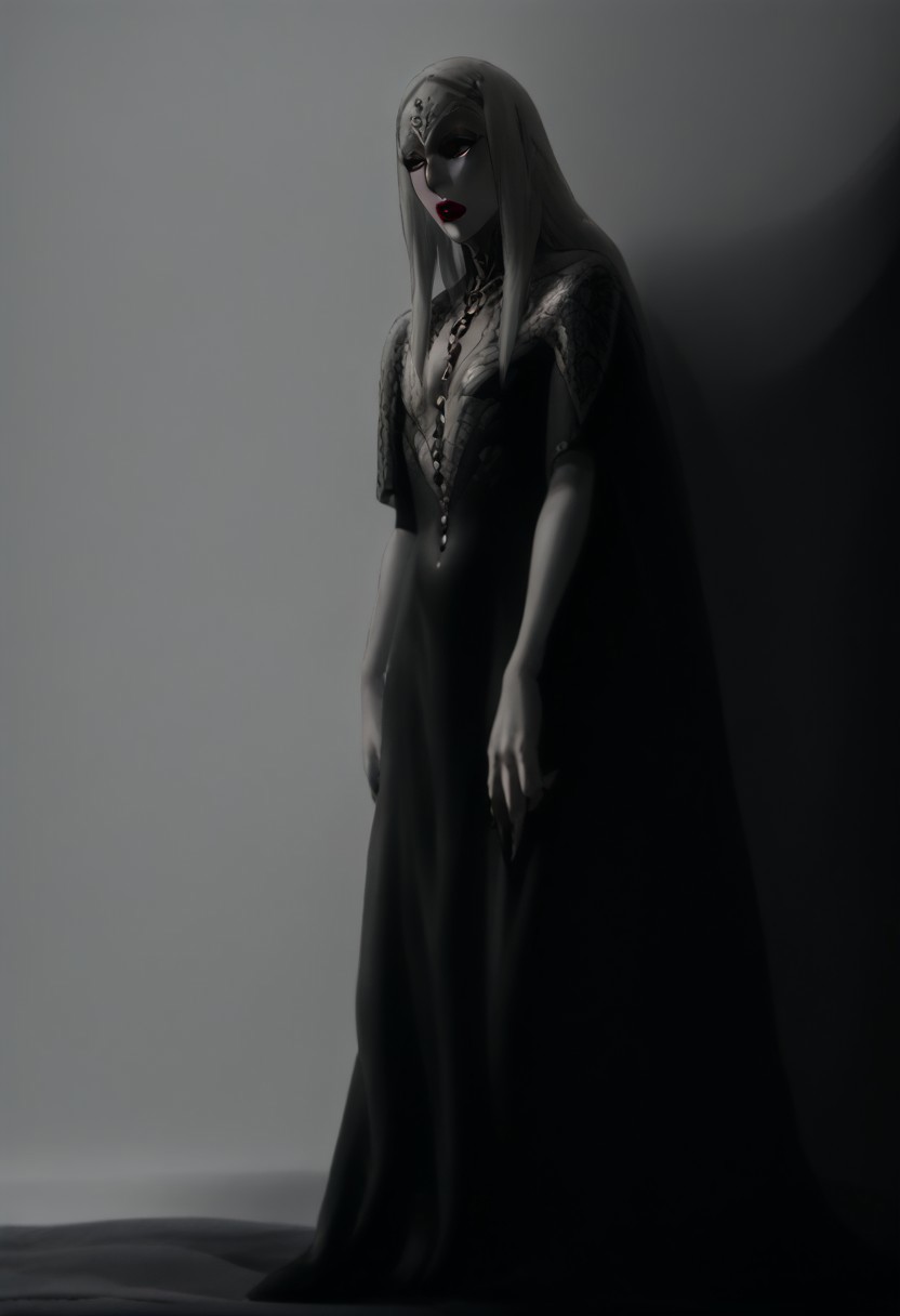solo, 1girl Tall pale slender Carmilla with long straight white hair wearing crimson fine clothes dress, 16th century, gothic, (((wearing a full face covering ornate venetian masquerade mask with lips)))
operaomniastyle, full body, white background, vintageillustration