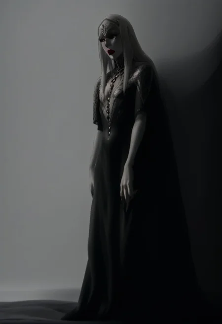 solo, 1girl Tall pale slender Carmilla with long straight white hair wearing crimson fine clothes dress, 16th century, gothic, (((wearing a full face covering ornate venetian masquerade mask with lips)))
operaomniastyle, full body, white background, vintageillustration
