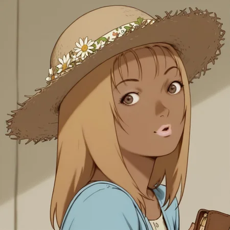 gygirl, 1girl, solo, short blonde hair, bangs, pink lips, brown eyes, tanned skin,
gygirl in a light blue dress decorated with flowers, a straw hat. gygirl smiling as she holds a wallet as she walks