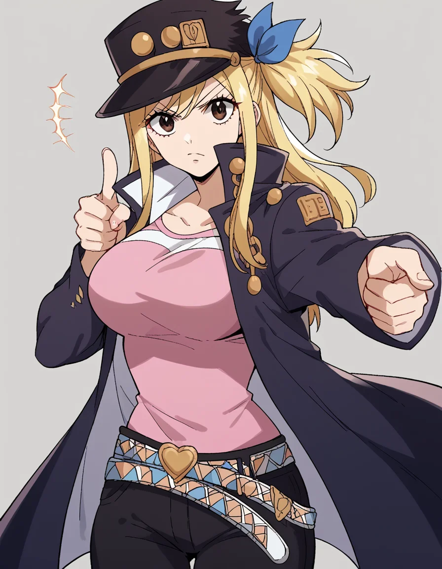 score_9, score_8_up, score_7_up, source_anime, lucyheartfilia, <lora:lucy-heartfilia-s7-ponyxl-lora-nochekaiser:1>, lucy heartfilia, blonde hair, brown eyes, long hair, one side up, ribbon, hair ribbon, blue ribbon, large breasts,, <lora:kujo-jotaro-cosplay-ponyxl-lora-nochekaiser:1>, kujo jotaro cosplay, kujo jotaro (cosplay), gakuran, cosplay, belt, black headwear, black jacket, black pants, high collar, multiple belts, pants, shirt,, street, jojo pose, pointing, hand in pocket, cowboy shot, looking at viewer,