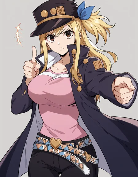score_9, score_8_up, score_7_up, source_anime, lucyheartfilia, <lora:lucy-heartfilia-s7-ponyxl-lora-nochekaiser:1>, lucy heartfilia, blonde hair, brown eyes, long hair, one side up, ribbon, hair ribbon, blue ribbon, large breasts,, <lora:kujo-jotaro-cosplay-ponyxl-lora-nochekaiser:1>, kujo jotaro cosplay, kujo jotaro (cosplay), gakuran, cosplay, belt, black headwear, black jacket, black pants, high collar, multiple belts, pants, shirt,, street, jojo pose, pointing, hand in pocket, cowboy shot, looking at viewer,