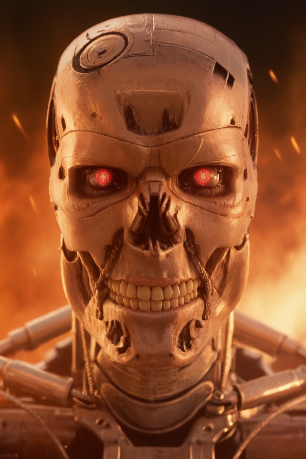 T800_Endo, Terminator robot, score_9, score_8_up, score_7_up, (source_IRL, source_movie), cinematic, realistic, masterpiece, high quality, highres RAW photo, ((close-up shot, close-up head shot, front view))
a T800_Endo Terminator Robot with red eyes, he is made of metal, he is made of shiny chrome metal, new, clean, <lora:T800_Endo_Terminator_Pony_v1-000013:1>
(standing in flames)
black background, in flames, fire, flames and fire everywhere, there is so much fire
dynamic lighting, highly detailed, intricate details