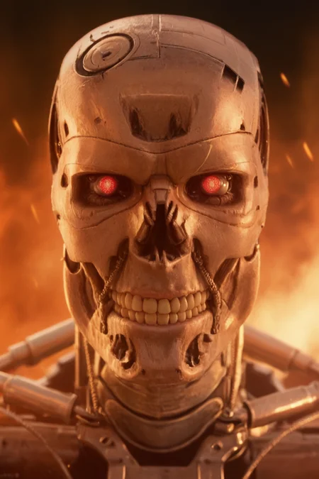 T800_Endo, Terminator robot, score_9, score_8_up, score_7_up, (source_IRL, source_movie), cinematic, realistic, masterpiece, high quality, highres RAW photo, ((close-up shot, close-up head shot, front view))
a T800_Endo Terminator Robot with red eyes, he is made of metal, he is made of shiny chrome metal, new, clean, <lora:T800_Endo_Terminator_Pony_v1-000013:1>
(standing in flames)
black background, in flames, fire, flames and fire everywhere, there is so much fire
dynamic lighting, highly detailed, intricate details