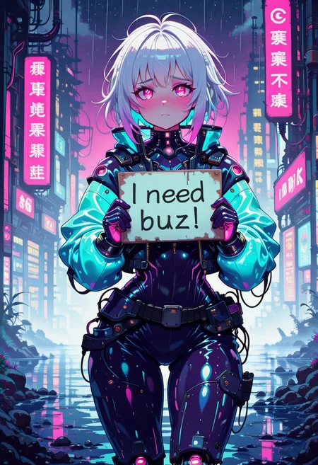 in the style of cknc, full_body, cute, perfect_face, beautiful_eyes, perfect_body, symbol-shaped_pupils, legs and arms, soft skin, (shy_cute_pose), standing, dynamic pose, ((masterpiece)), colorful, stunning, ((looking_at_viewer)), expresive face, ((front view)), shiny skin, starry_sky, outdoors, long messy white hair with purple highlights, glowing pink eyes, rubber cyberpunk bodysuit, crop cyberpunk jacket, need_buzz, holding sign, cybernetic legs, cyberpunk street, neon signs, heavy rain