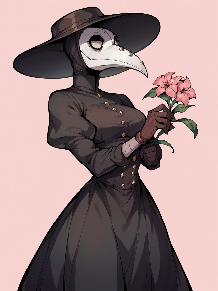 score_9, score_8_up, score_7_up, score_6_up, score_5_up,   <lora:PlagueDoctorXLP:1> plague doctor, mask, hat, solo, gloves, dress, 1girl, sexy, seductive, curvy, flower, pink background,