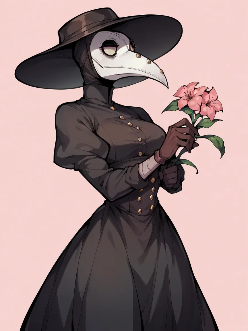 score_9, score_8_up, score_7_up, score_6_up, score_5_up, <lora:PlagueDoctorXLP:1> plague doctor, mask, hat, solo, gloves, dress, 1girl, sexy, seductive, curvy, flower, pink background,