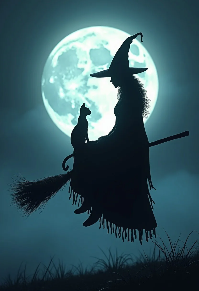 Masterpiece. Illustration of a silluette of witch and her cat sitting on a broomstick in front of a full moon. The witch is wearing a pointed hat and a long cloak. The cat is sitting on the broomstick behind the witch. The background is dark, with a hint of blue and white, and the moon is partially visible behind a fog. The overall mood of the image is eerie and mysterious. high-res, semi realistic, best quality, intricate details, ultra details, good lighting, vibrant colors, very detailed, octane render, ray tracing, mythp0rt