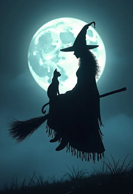Masterpiece. Illustration of a silluette of witch and her cat sitting on a broomstick in front of a full moon. The witch is wearing a pointed hat and a long cloak. The cat is sitting on the broomstick behind the witch. The background is dark, with a hint of blue and white, and the moon is partially visible behind a fog. The overall mood of the image is eerie and mysterious. high-res, semi realistic, best quality, intricate details, ultra details, good lighting, vibrant colors, very detailed, octane render, ray tracing, mythp0rt