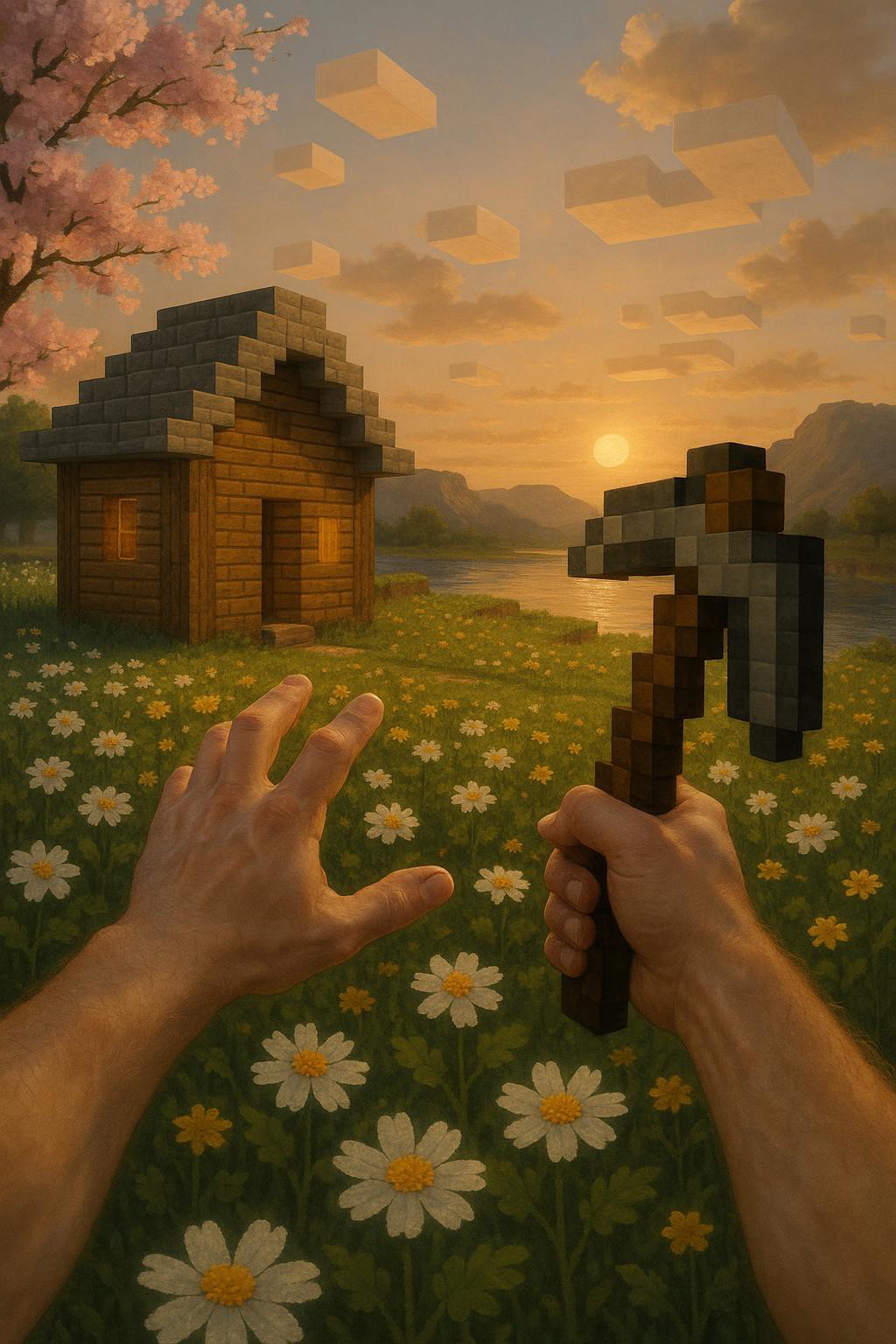 realistic art in the Minecraft sieve, only hands are visible from the first person, realistic hands, a pickaxe in one hand, the other is outstretched. sunset, a wooden house with a roof made of stone steps, a lake and mountains in the distance, square clouds and realistic lighting. cherry blossoms are on the left, a flower field is in sight
