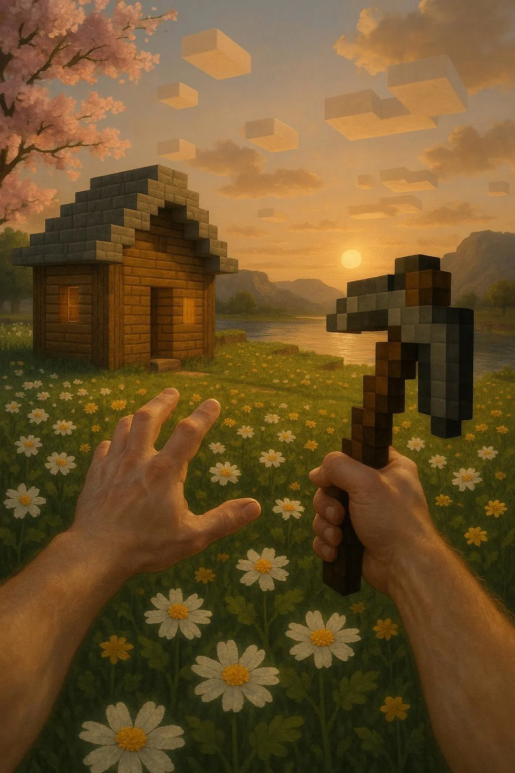realistic art in the Minecraft sieve, only hands are visible from the first person, realistic hands, a pickaxe in one hand, the other is outstretched. sunset, a wooden house with a roof made of stone steps, a lake and mountains in the distance, square clouds and realistic lighting. cherry blossoms are on the left, a flower field is in sight
