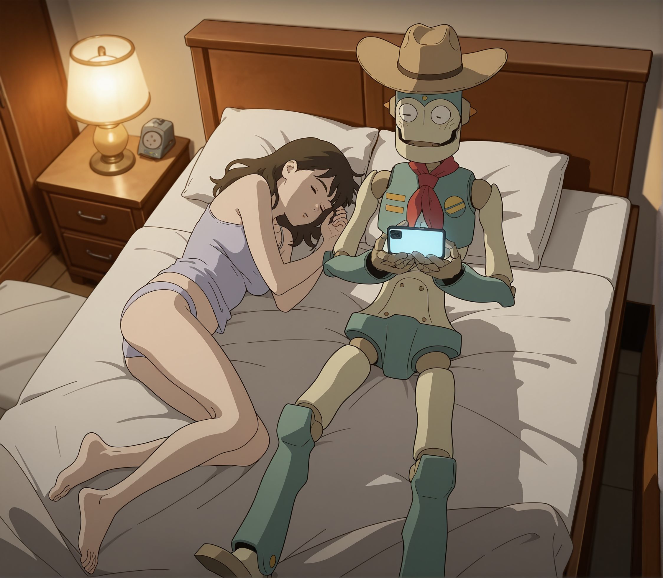 masterpiece,best quality,amazing quality,very aesthetic,absurdres,newest, huge filesize,
<lora:spo_sdxl_10ep_4k-data_lora_webui:0.5>,anime screenshot, 
<lora:add-detail-xl:1>
<lora:Robot_on_the_Road__mina__robot-000013:0.9>
Robot on the Road,
1girl, 1boy, sleeping woman, sitting robot,from above, huge bed, on bed,
BREAK
1girl, 1boy, sleeping woman, sitting robot,from above, huge bed, on bed,
r_mina,
bed,
underwear,
panties,sleeping,
barefoot,pillow,
lying,lamp,
brown hair,closed eyes,
on side,indoors,
BREAK
1girl, 1boy, sleeping woman, sitting robot,holding phone,watching phone,from above, huge bed, on bed,
open eyes,
r_robot,hat,  on bed,pillow,