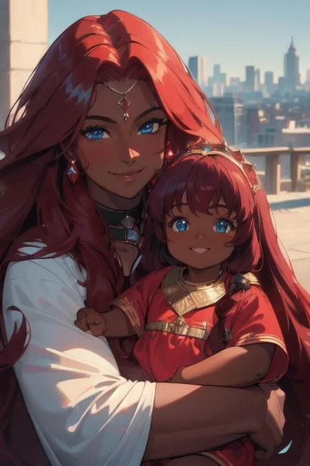 (masterpiece, best quality:1.4), (ultra realistic:1.4), (8k uhd, very high quality:1.4), (extremely detailed face:1.4), (dark skin and muscular mother holding her dark skin female child:1.4), (dark caramel skin:1.4), (absurdly long ruby red hair:1.4), (smiling and happy:1.4), (bright blue eyes:1.4), (city background:1.4)