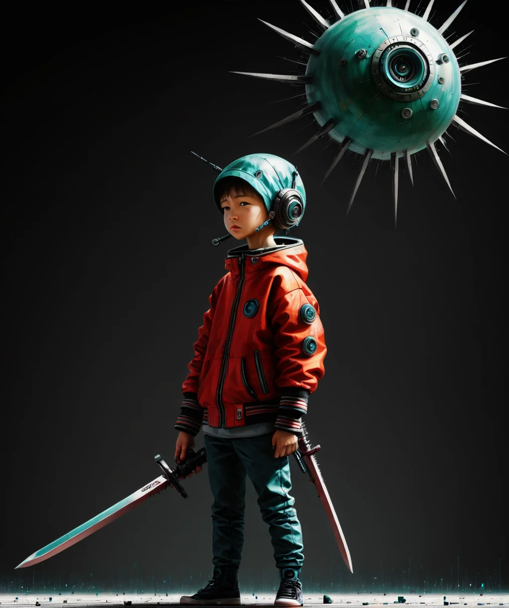 Amazing painting, boy, 10k ultra resolution, Science Fiction, weapon, <lora:drkkaw_epoch_10:0.6>