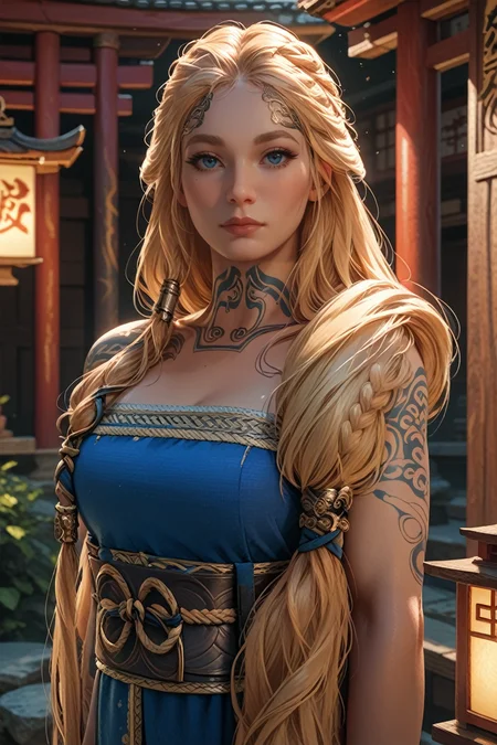 score_9, score_8_up, score_7_up,
<lora:GOWSif:0.8>
GOWSif, 1girl, blonde hair, blue eyes, long hair, tattoo, looking at viewer, stands in a dimly lit, sacred shrine