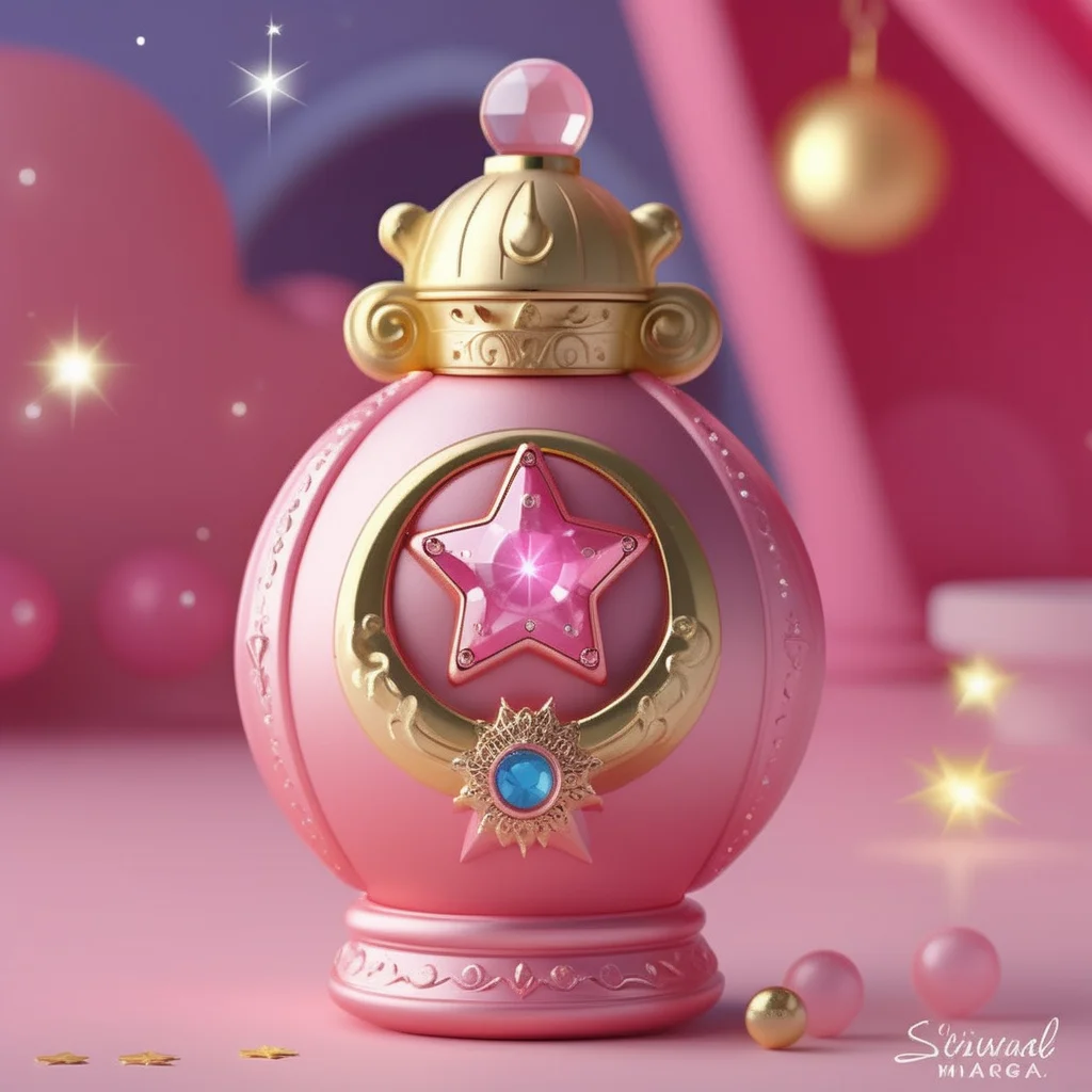 A photorealistic image of a child's toy grenade, designed with a primary color scheme of soft pinks. The grenade is intricately embellished with sparkling gemstones and adorned with crescent moon motifs. It sits against a mystically charged backdrop of a six-pointed star magic circle, which glows with an ethereal light, adding a touch of fantasy to the scene. The grenade, despite its toy-like nature, is rendered with lifelike detail, contrasting its playful design with realistic texture and shadows.,<lora:girl_toy_style:0.65>,