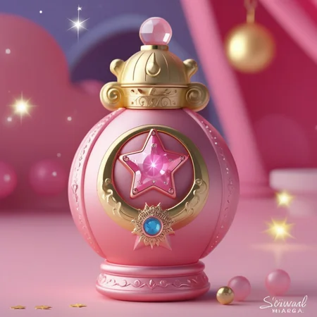 A photorealistic image of a child's toy grenade, designed with a primary color scheme of soft pinks. The grenade is intricately embellished with sparkling gemstones and adorned with crescent moon motifs. It sits against a mystically charged backdrop of a six-pointed star magic circle, which glows with an ethereal light, adding a touch of fantasy to the scene. The grenade, despite its toy-like nature, is rendered with lifelike detail, contrasting its playful design with realistic texture and shadows.,<lora:girl_toy_style:0.65>,