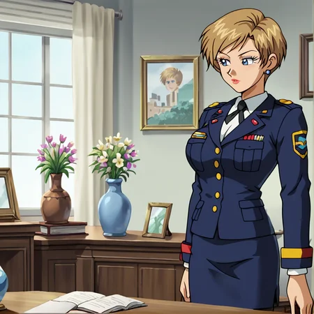 score_9, score_8_up, score_7_up, score_6_up, score_5_up, score_4_up, BREAK, <lora:Topazsonicx:0.6>, topazsonicx, 1girl, solo, skirt, blonde hair, long sleeves, jewelry, standing, flower, pantyhose, earrings, indoors, uniform, military, military uniform, makeup, pencil skirt, retro artstyle, 1990s \(style\), vase, brown hair, short hair, blue eyes, lipstick <lora:shexyo style xl:0.6>, <lora:CoffeLove68_Artstyle:0.6>, large breasts