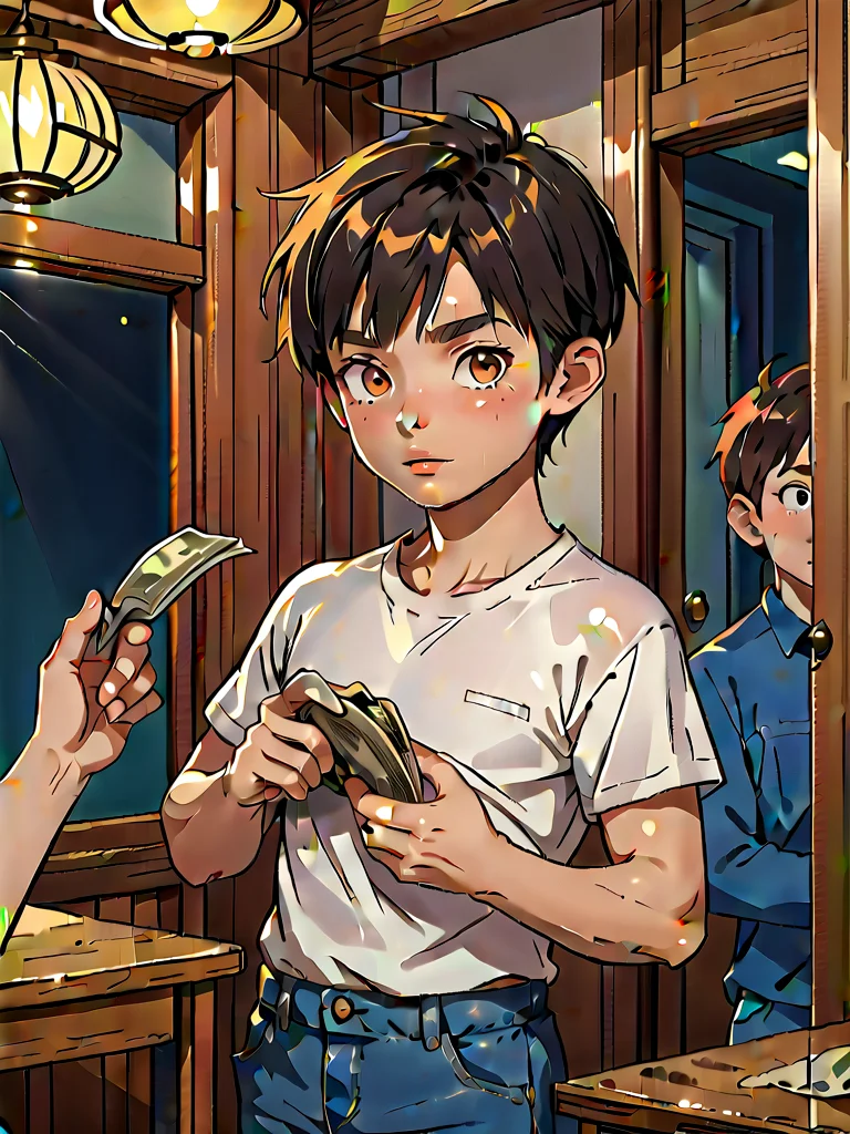 <lora:WasurePony:1> Score_9, Score_8_up, Score_7_up, fcNeg, source_anime,Comic page style, multiple frames. A male character wearing a white t-shirt and blue jeans is bullying younger kids in a school yard, taking their money. Focus on the character's face, the child handing over money, and the school yard.
<lora:Patrick_Fillion_Style_PonySDXL:0.25> <lora:visualnovel_pony_SDXLPONY_r12_768_dim32-a1-adamW:0.7>
