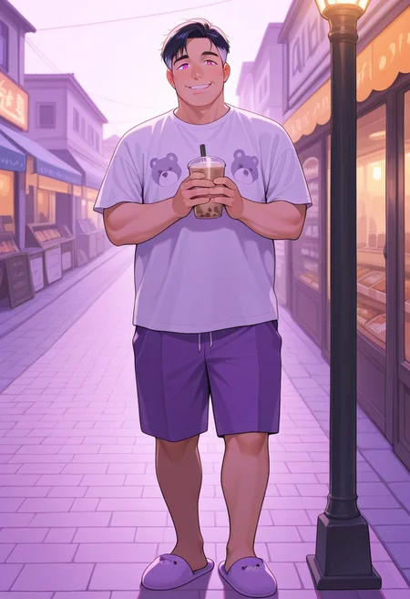 masterpiece, best quality, absurdres, newest, perfect quality, best quality, absolutely eye-catching, detailed background, intricate details, male, 1boy, mature man, aged man, solo, male focus, mbti_entp, black hair, multicolored hair, pink eyes, white shirt with bear print, purple, purple shorts, slippers, outdoor, marketplace, shops, street lamp, stoned ground, warm natural lighting, lively and bustling atmosphere, background details visible, cheeky expression, smile, mouth open, holding cup boba milk tea, walking to viewer