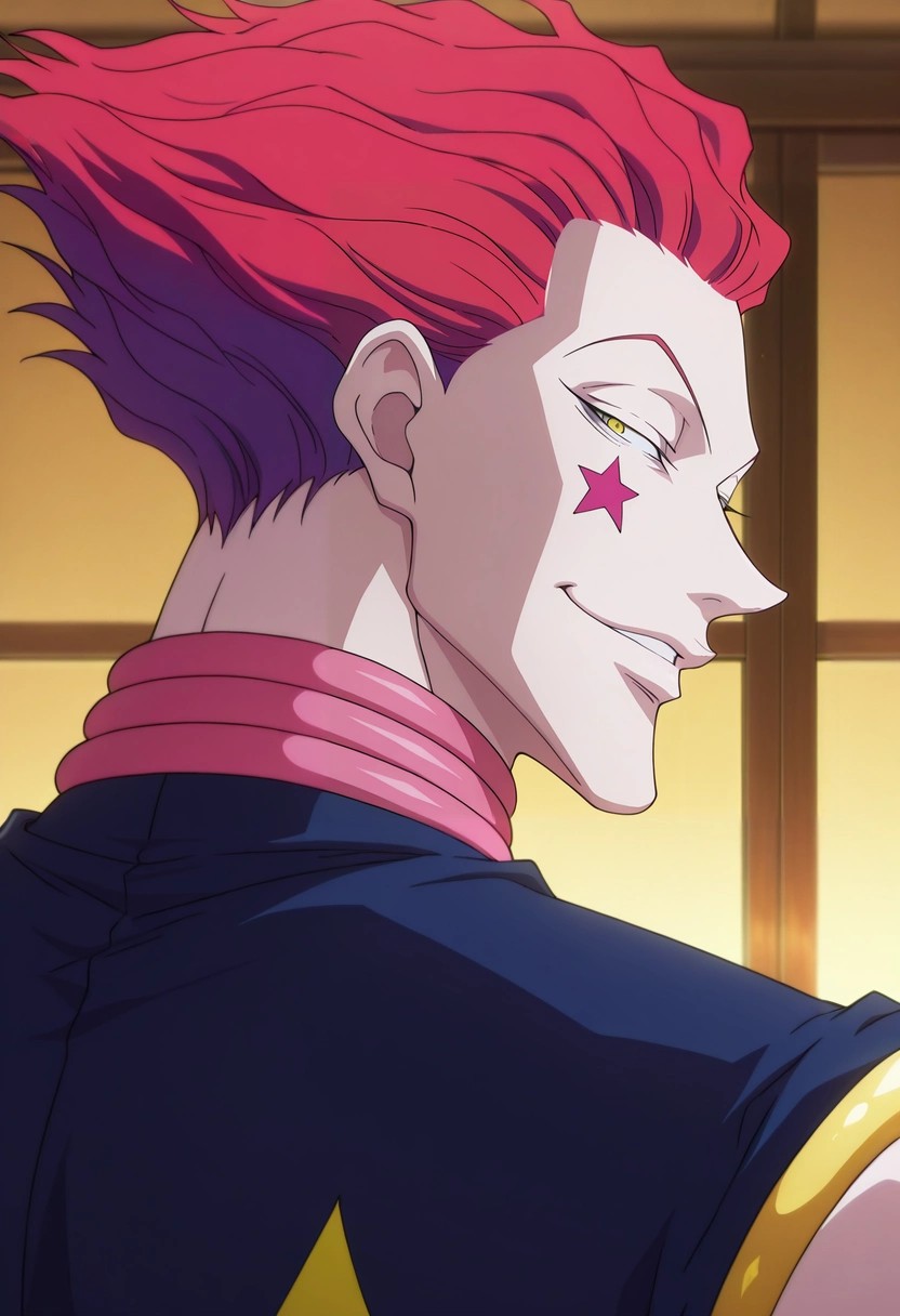 masterpiece, best quality, intricate details, anime screencap, anime coloring, official style, , 1boy, solo, male focus, <lora:hisoka_morow_ilxl:0.94>, hisoka_morow, red hair, yellow eyes, facial mark, star \(symbol\), focused, skytree, indoors, looking back, half-closed eyes, smile,