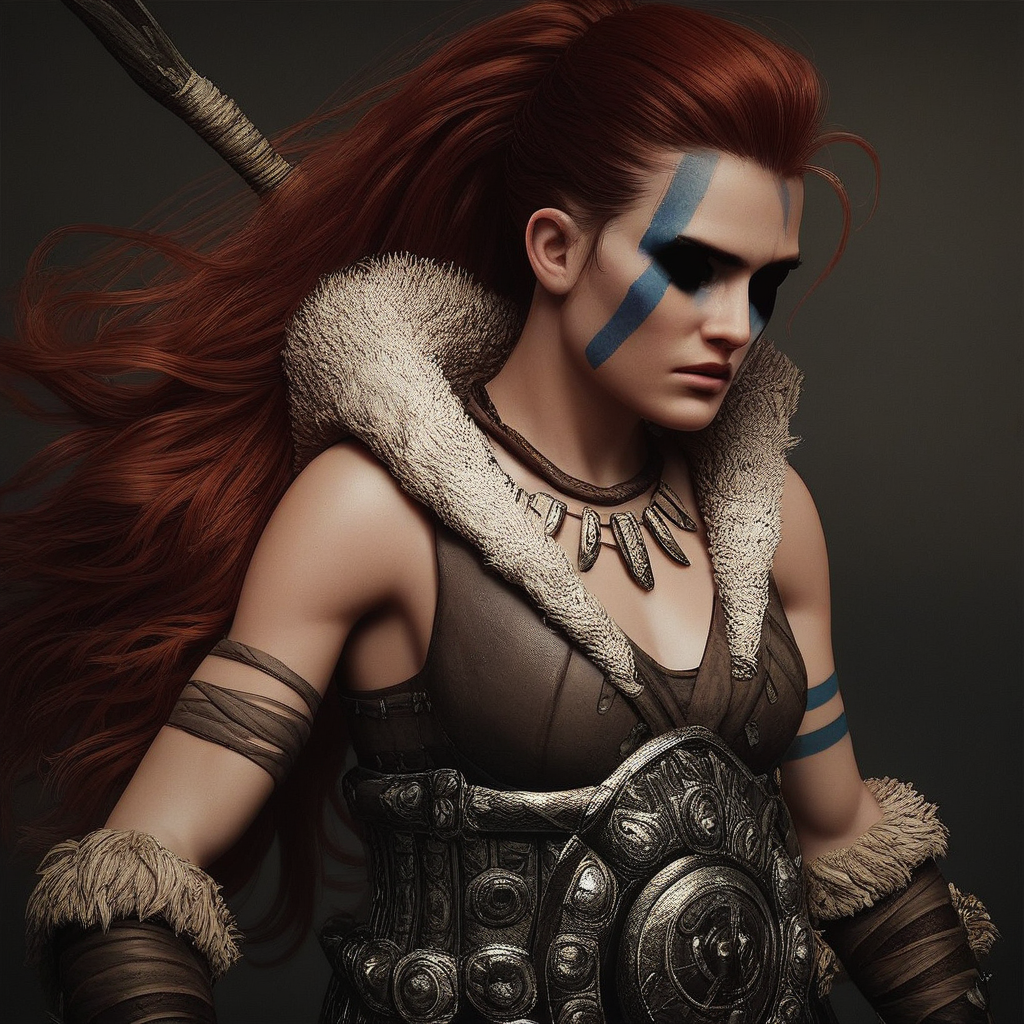score_9, score_8_up, score_7_up, masterpiece, best quality, newest, absurdres, highres, DDstyle, official style, black eyes, shaded eyes, 1girl, HellionDD-Il.V1.0, jewelry, necklace, red hair, armor, leather armor, fur coat, red hair, tribal, clevage,