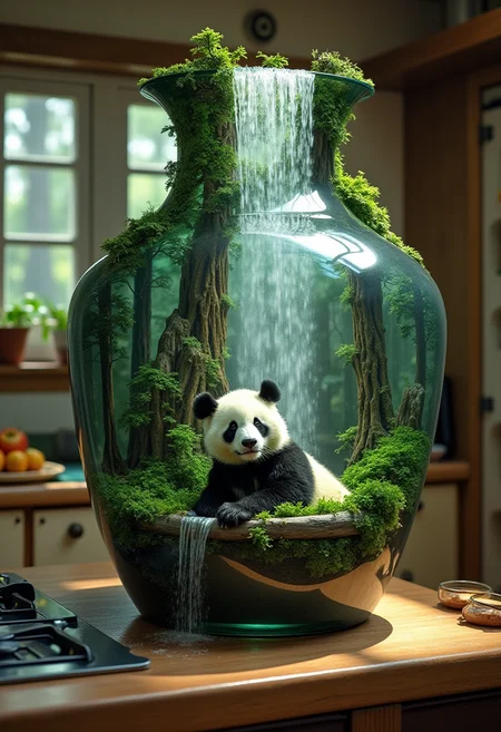 an amphora, placed on a kitchen shelf. a waterfall flows from the glass amphora; in the amphora, a green world, with majestic trees. the waterfall overflows into the real world and into the kitchen. a panda bathes under the waterfall, surrealism,
