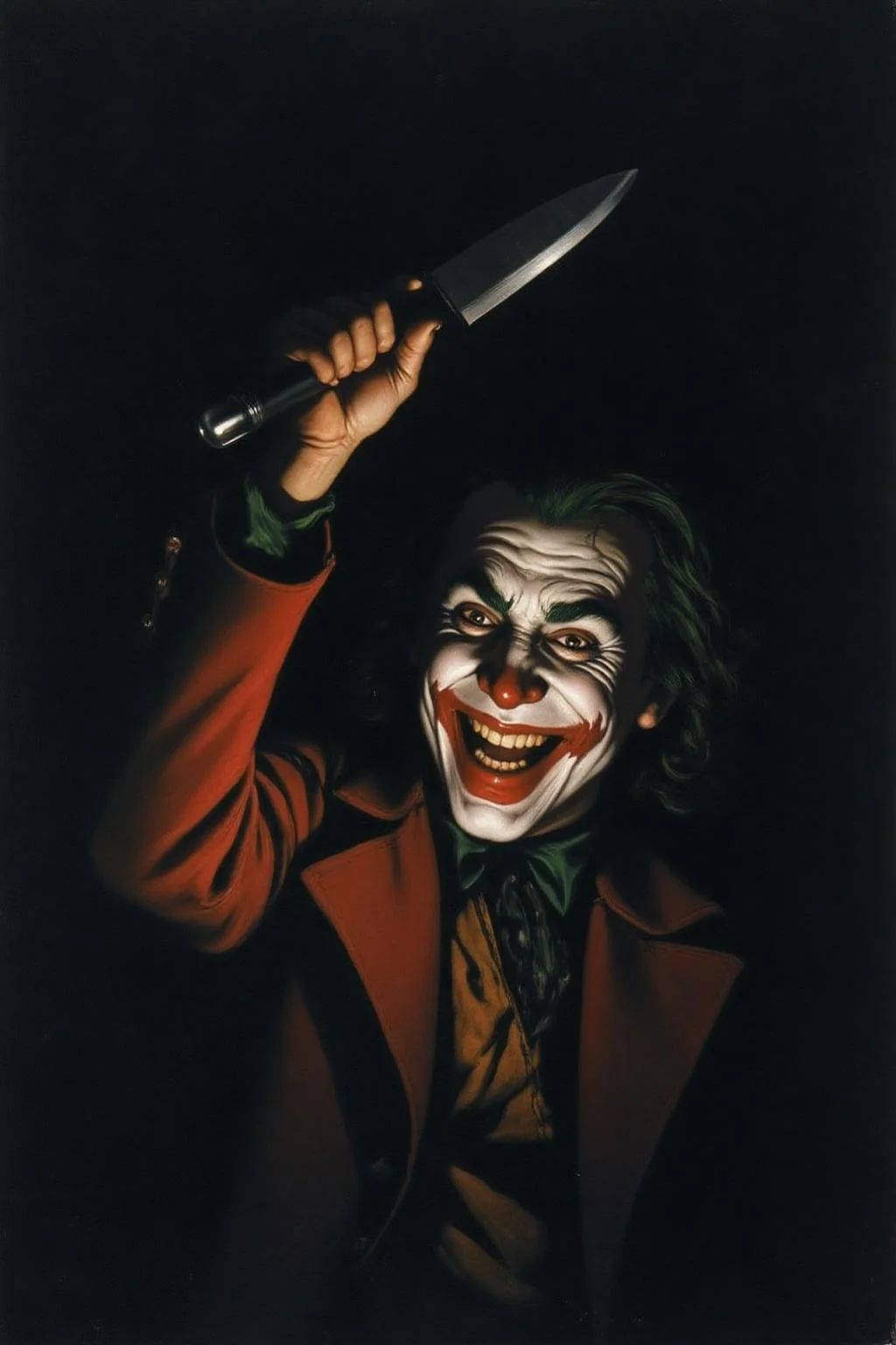 josephwright1 painting.
The Joker, with menacing eyes, is laughingin the shadows of a dimly lit room, his face illuminated by a flashlight is his hand. The lighting creates a dramatic contrast. His is raising a kitchen knife above his head.
<lora:josephwright1_cap_d6a3e12:1.0><lora:849165020590827894:0>
