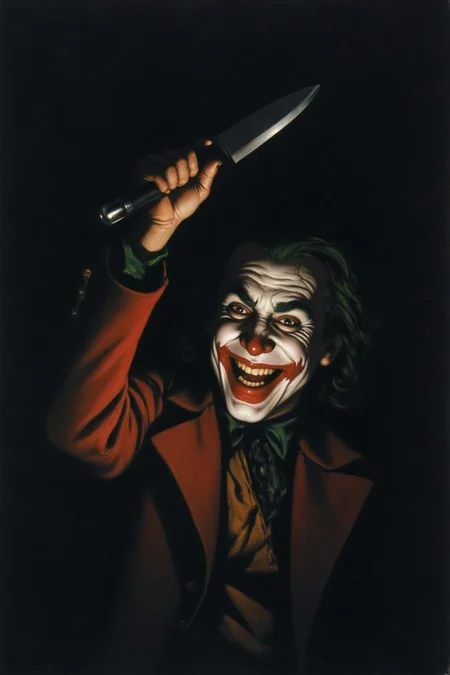 josephwright1 painting.
The Joker, with menacing eyes, is laughingin the shadows of a dimly lit room, his face illuminated by a flashlight is his hand. The lighting creates a dramatic contrast. His is raising a kitchen knife above his head.
<lora:josephwright1_cap_d6a3e12:1.0><lora:849165020590827894:0>