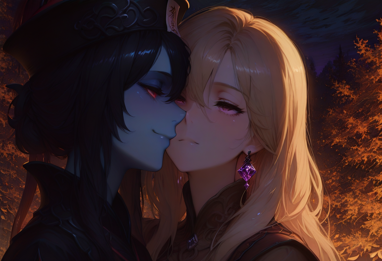 score_9, score_8_up, score_7_up, ultra details, high details, absurdres, masterpiece, best quality, 2k, 4k, source_anime, rating_explicit, scenery, very aesthetic, fantasy, autumn scenery, night, 2girls standing face-to-face, outdoors by night, dramatic dark atmosphere, cowboy shot, close-up, high detailed eyes, ultra detailed eyes, BREAK,
32km4g1c style,<lora:32k_UHD_Aesthetic:0.65>, gr4ph1t3, sketch, <lora:GraphiteSketch:0.75>, <lora:WaifuEyesIllustriousV1.0:1>, <lora:DarkerThanBlackIllustrious:0.85>, <lora:illustrious_quality_modifiers_masterpieces_v1:1>, <lora:MGE_V5.2_IL:1>, BREAK,
Jiangshi, deep_red_eyes, black_hair, colored_skin, pale_blue_skin, talisman_over_face, black_fantasy_outfit, smug, smirk, hands_on_another's, BREAK,
1girl, dark_purple_eyes, (medium_hair), blonde_hair, diamond_earrings, brown_medieval_outfit, sexual, afterglow, hand_on_another's,