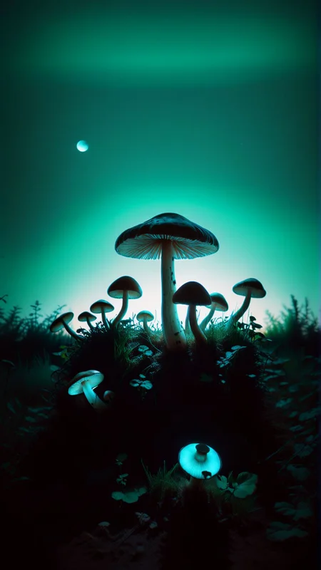 A colony of sentient mushrooms forms a parliament and debates the merits of sunlight versus moonlight for their photosynthesis. 
(dark shot:1.2)
(optical effect, glitch art, glowing, layered effects:1.2)
 <lora:xray:2>