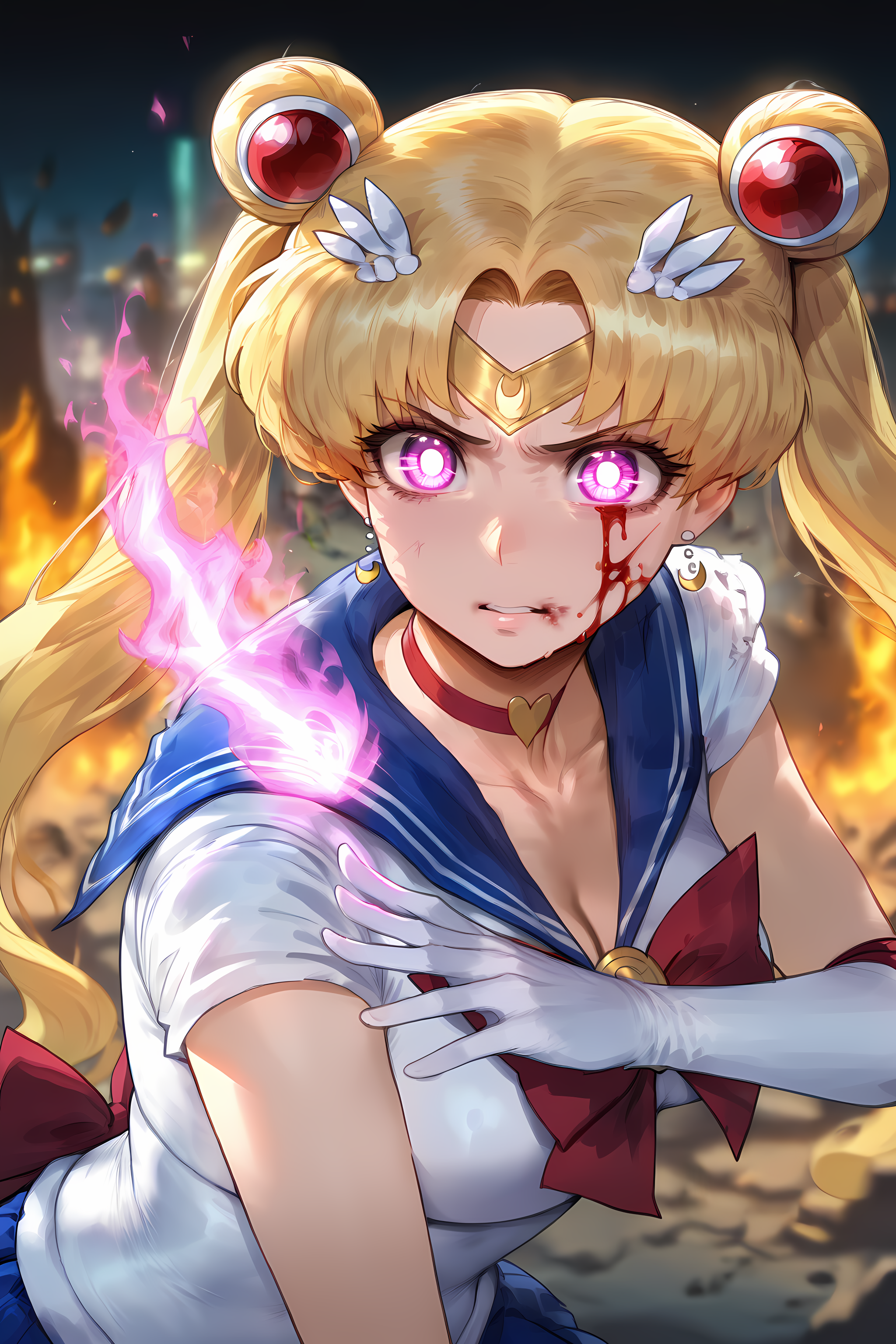1girl, Usagi Tsukino, sailor moon, determined, magic, glowing magic, dark background, magic, glowing, destroyed city, fire, expressive eyes, anger, Guardian of Love, depth of field, blood on temple,  floox, masterpiece, best quality, good quality, absurdres, newest