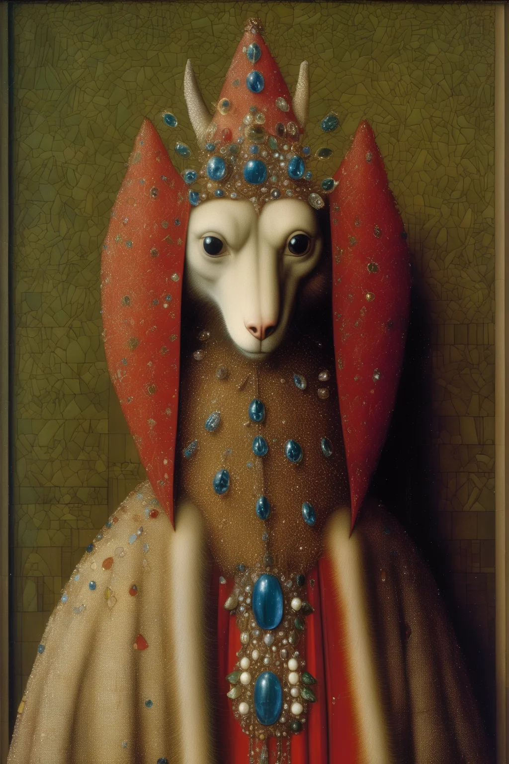 <lora:Jan van Eyck Style:1>Jan van Eyck Style - Jan Van Eyck depicting a mystical creature adorned in jewels and fine clothing