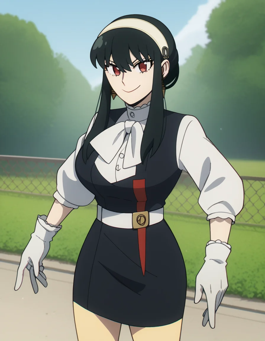 score_9, score_8_up, score_7_up, source_anime, <lora:yor-briar-movie-ponyxl-lora-nochekaiser:1>, yor briar, black hair, red eyes, sidelocks, hairband, short hair with long locks, white hairband, large breasts,, <lora:team-rocket-uniform-ponyxl-lora-nochekaiser:1>, team rocket uniform, black hat, black shirt, black skirt, white belt, white gloves, single letter,, smile, smug, v, outdoors,, , cowboy shot, dutch angle,