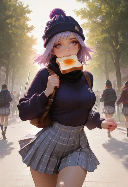 score_9, score_8_up, score_7_up, score_6_up, score_5_up, score_4_up, Cinematic Lighting, Volumetric Lighting, Bloom, Post Processing, Perfest Anatomy, Extermy Ely Detailed Eyes and Face, Perfect Eyes. 8K,
1girl, Solo,
meek purple hair spilled , Bright purple eyes, cute face,
slim figure, narrow waist, wide hips, (high breasts),medium breasts, perfect round butt
-- clothes -- (Black winter hat with pompom), School uniform, dark long-sleeved sweater, short skirt.shoulderpack,
BREAK
girl running through the streets, looking away,oaction pose, run,toast in mouth, running,motion lines, motion blur,
City streets, bright day. ice, rays of the sun,Many people, trees and poles in the background. rays of sun,
(Close-up)((focus on the torso))side view,
(realistic style photo)(realistic:1.2) dynamic lighting, warm lighting, dreamy lighting, realistic volumetric lighting
<lora:DandonFuga_Style_v.2_-_Pony:0.65>
