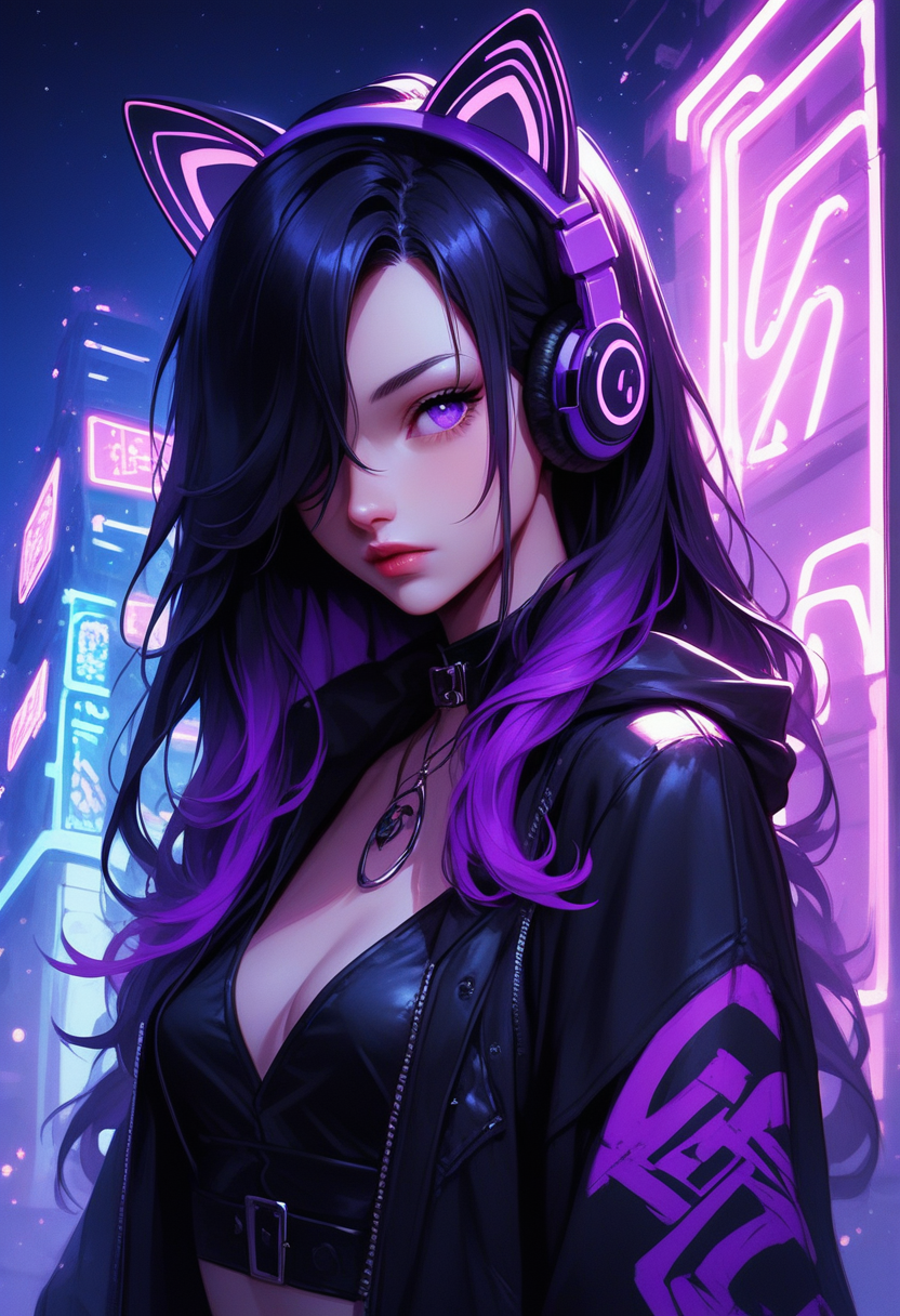 score_9, score_8_up, score_7_up, score_6_up,  1girl, solo, black hair, purple hair,multi color hair,long hair, fake cat ears, headphones, wild hair,outside,night city, neon lights, black clothing, open clothes, closed mouth, purple clothing,hair over one eye, purple eyes, <lora:add-detail-xl:0.4> , <lora:[GP] somethingweird [Pony XL]:0.2>, <lora:g0th1cPXL:0.3>, <lora:Goth_girl_XL-v2:0.8> ,<lora:st4t1ctvXLP:0.8>