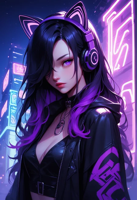 score_9, score_8_up, score_7_up, score_6_up,  1girl, solo, black hair, purple hair,multi color hair,long hair, fake cat ears, headphones, wild hair,outside,night city, neon lights, black clothing, open clothes, closed mouth, purple clothing,hair over one eye, purple eyes, <lora:add-detail-xl:0.4> , <lora:[GP] somethingweird [Pony XL]:0.2>, <lora:g0th1cPXL:0.3>, <lora:Goth_girl_XL-v2:0.8> ,<lora:st4t1ctvXLP:0.8>
