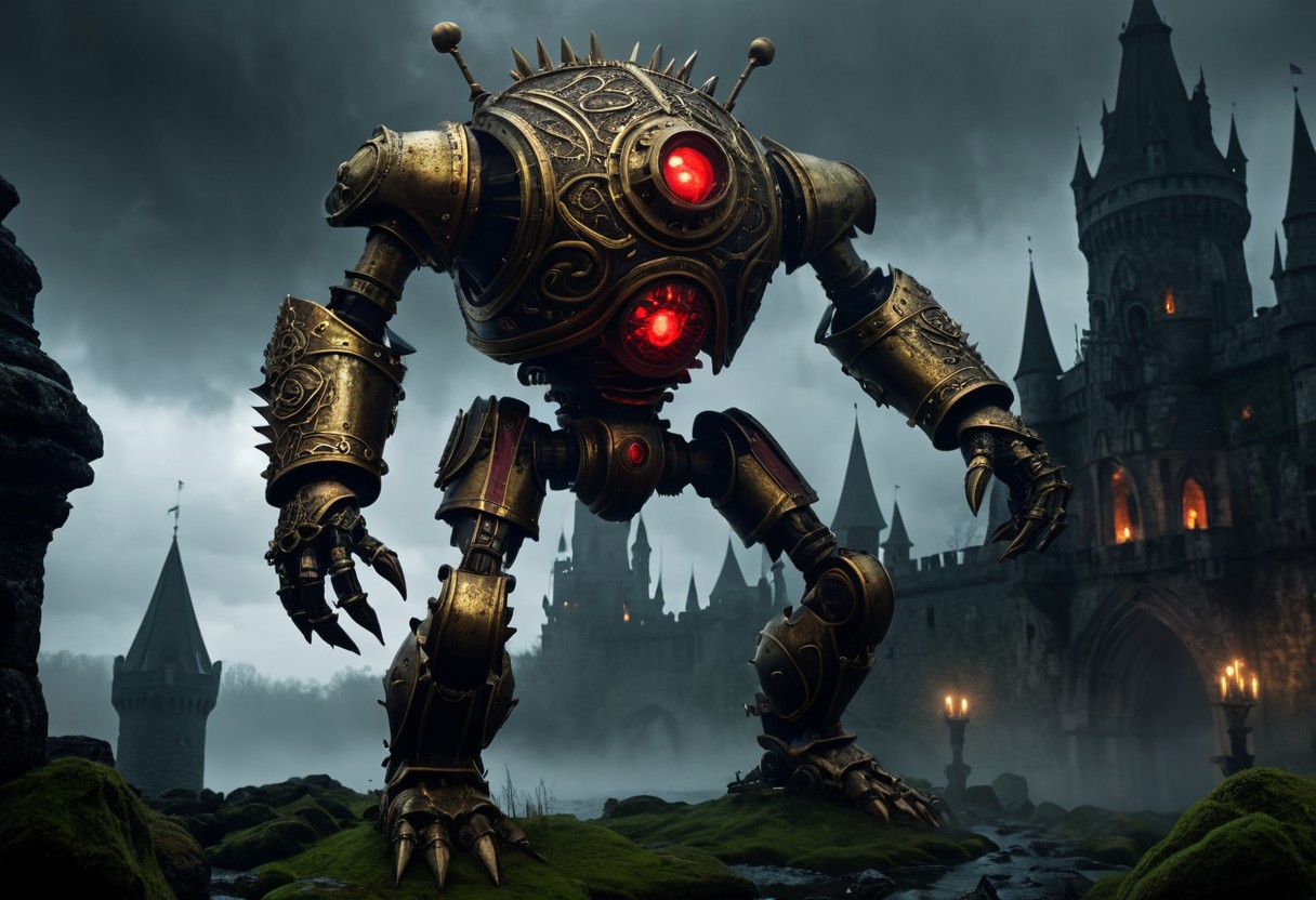 giant bipedal robot brass and dark ivory and red striped paint, bronze paisley robot. lacy robot metal. spiked helmet head. outside of a steampunk keep. large detailed torso. dark image. one forty foot tall ancient robot with great arms and two heavy spring legs. dark foggy night background. $dark foggy night image only. dark photo realistic image. steampunk details. cogs, chains and pipes incorporated in the fantasy buildings. magic wizards tower in background. Dark swamp, moss, castle ruins, wizards tower. stormy dark night.  stormy sky.  rain