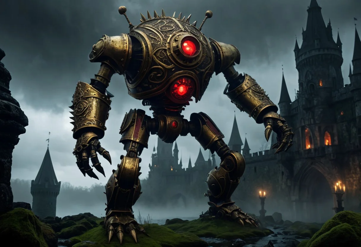 giant bipedal robot brass and dark ivory and red striped paint, bronze paisley robot. lacy robot metal. spiked helmet head. outside of a steampunk keep. large detailed torso. dark image. one forty foot tall ancient robot with great arms and two heavy spring legs. dark foggy night background. $dark foggy night image only. dark photo realistic image. steampunk details. cogs, chains and pipes incorporated in the fantasy buildings. magic wizards tower in background. Dark swamp, moss, castle ruins, wizards tower. stormy dark night. stormy sky. rain