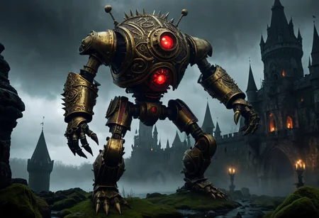 giant bipedal robot brass and dark ivory and red striped paint, bronze paisley robot. lacy robot metal. spiked helmet head. outside of a steampunk keep. large detailed torso. dark image. one forty foot tall ancient robot with great arms and two heavy spring legs. dark foggy night background. $dark foggy night image only. dark photo realistic image. steampunk details. cogs, chains and pipes incorporated in the fantasy buildings. magic wizards tower in background. Dark swamp, moss, castle ruins, wizards tower. stormy dark night. stormy sky. rain