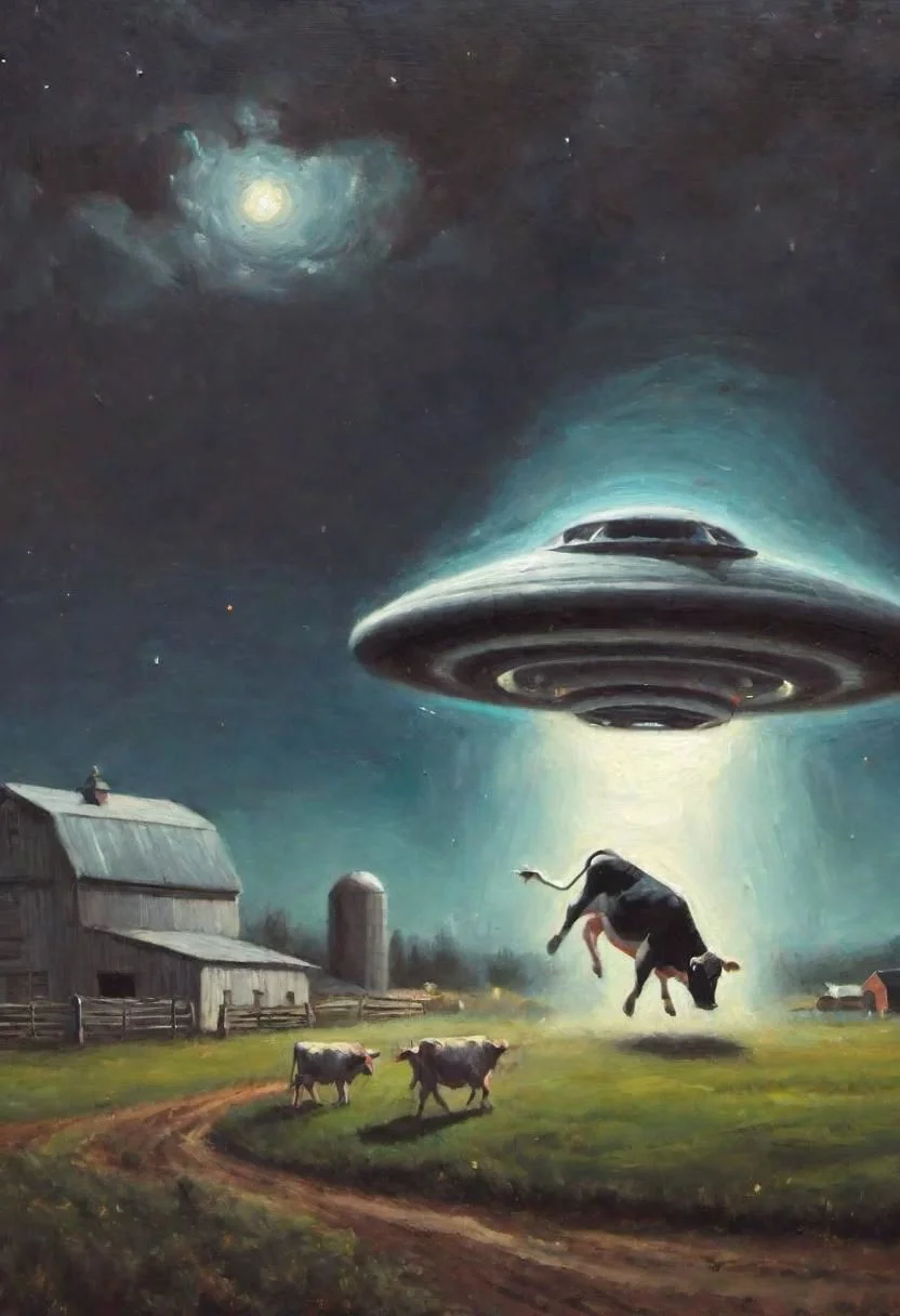 Oil painting of a UFO abducting a cow from a farm at night