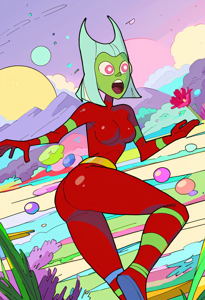 <lora:TwelveForever_ButtWitch_Pony:1.0>, butt witch \(regular\), on side, open mouth, twelve forever, 1girl, solo, colored skin, red bodysuit, meadow, masterpiece, best quality, score_9, score_8_up, score_7_up